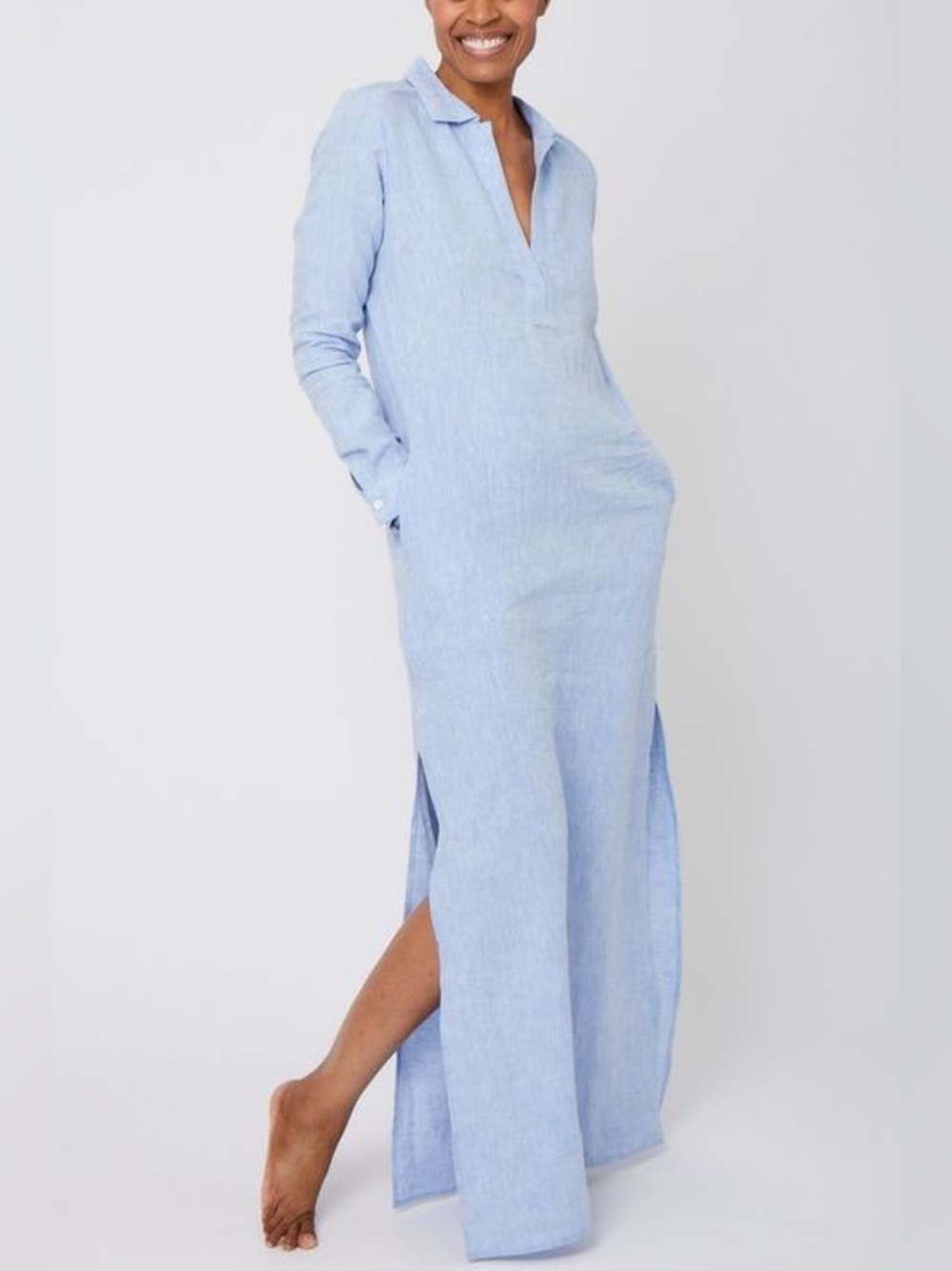 J.Crew 100% Linen Blue Popover Maxi Shirt Dress Size M